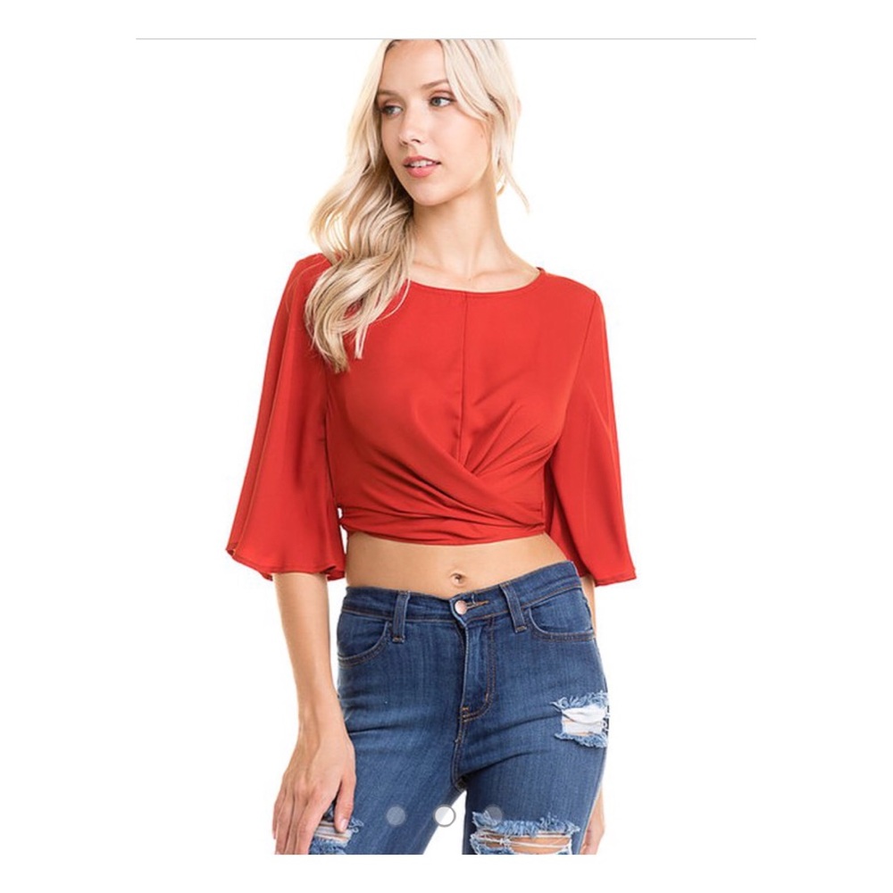 3/4 Sleeve Cross Front Tie Back Crop Top - Picture 2 of 4